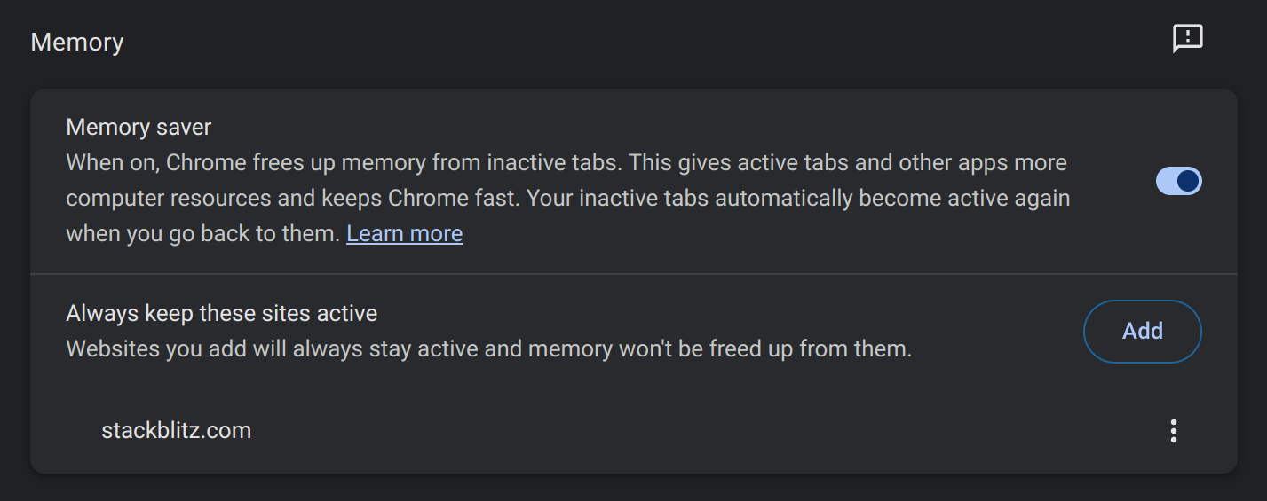Chrome performance settings showing the memory saver section with an exception for stackblitz.com